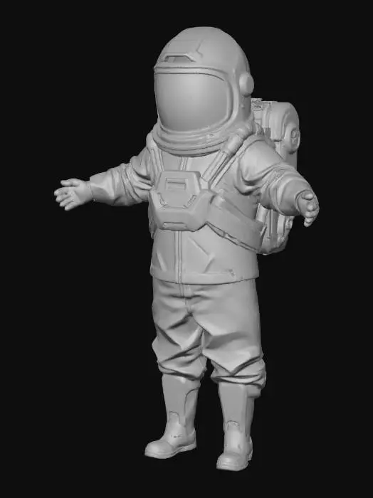 3D model for Cosmonaut in the t pose, the helmet is completely covered with metal, there are six lenses of video cameras on the front of the helmet
