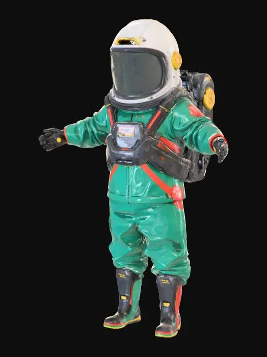 3D model for Cosmonaut in the t pose, the helmet is completely covered with metal, there are six lenses of video cameras on the front of the helmet