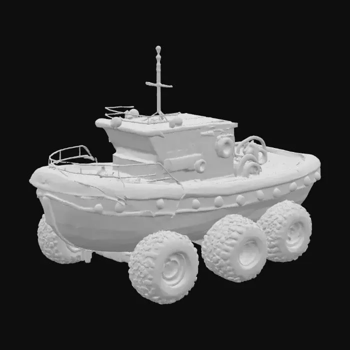 3D model for Sea tugboat on six large wheels, tires on ropes hang on the sides of the tugboat