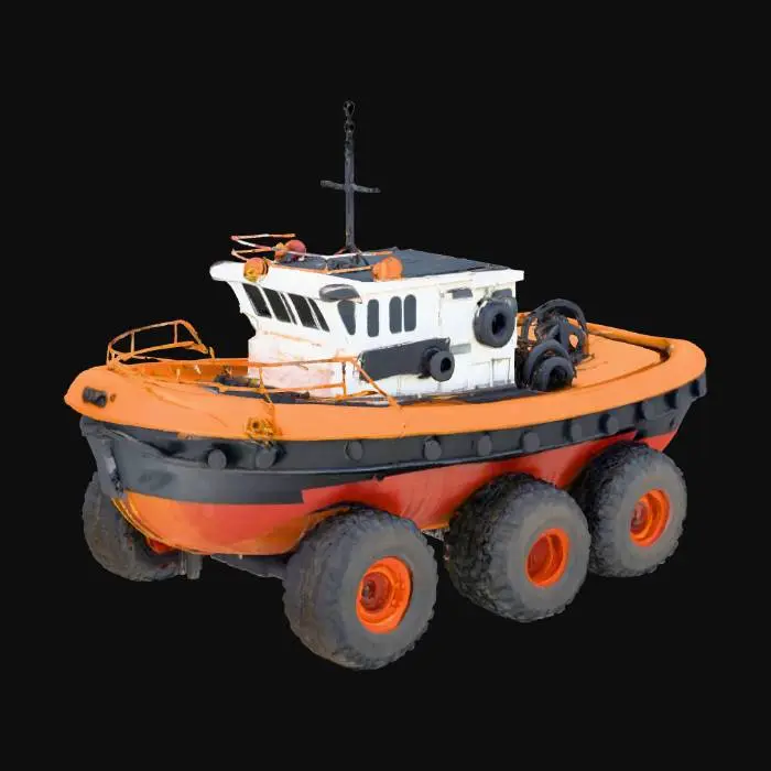 3D model for Sea tugboat on six large wheels, tires on ropes hang on the sides of the tugboat