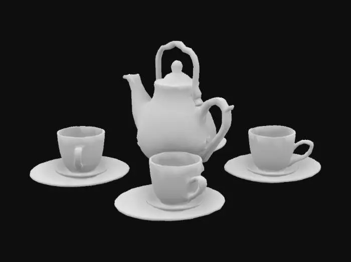 3D model for Barbie doll china tea set: three tea cups, three saucers, tea kettle