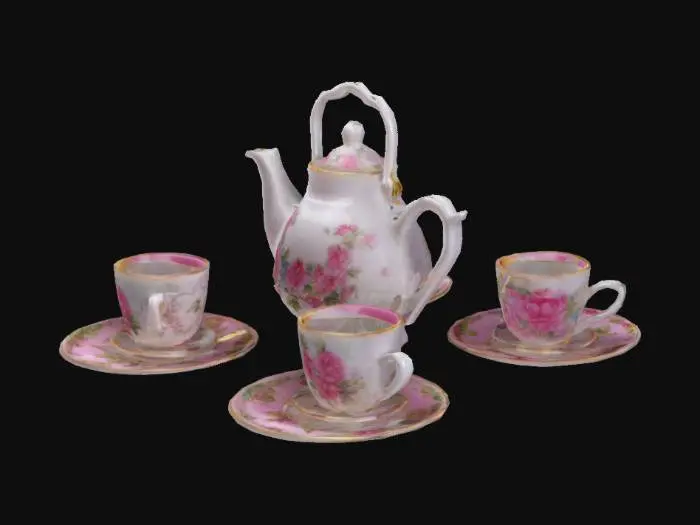 3D model for Barbie doll china tea set: three tea cups, three saucers, tea kettle