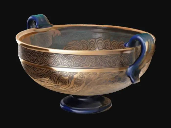 3D model for Ancient Greek kylix with traditional ancient embossed ancient Greek "running wave" ornament, ceramic, Polished