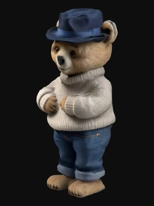 3D model for humanoid teenage bear in a fedora hat tilted to the right covering right ear; wool sweater and blue jeans; standing; paws touching at a stomach