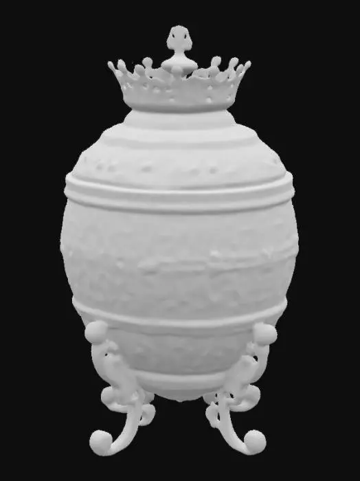 3D model for emerald encrusted Faberge jewelry egg. On a golden ornate tripod. Encrusted with diamonds and pearls running from the bottom to the top. Topped with an emperor crown. Ultra fine quality, high detailed. 