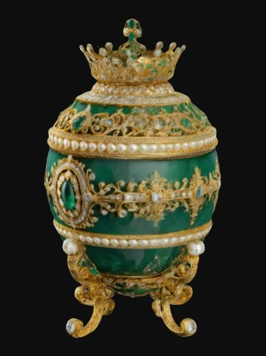 3D model for emerald encrusted Faberge jewelry egg. On a golden ornate tripod. Encrusted with diamonds and pearls running from the bottom to the top. Topped with an emperor crown. Ultra fine quality, high detailed. 