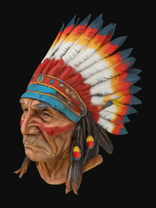 3D model for Head of an Indian Chief wearing long feather war bonnet. The face looks old, tired and wrinkled. 