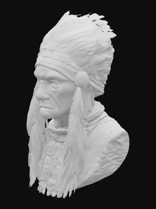 3D model for Head of an Indian Chief wearing long feather war bonnet. The face looks old, tired and wrinkled. 