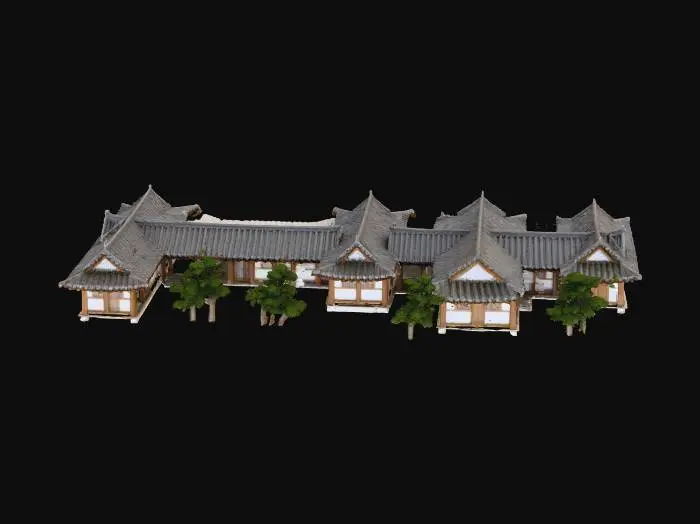 3D model for 큰 산에 사람이 다니는 길이 산을 가로질러 있는 모습을 위에서 비스듬하게 봐줘