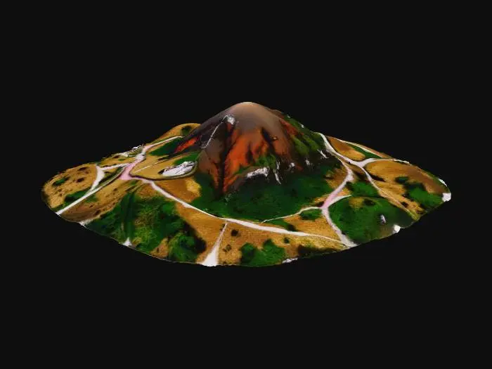 3D model for 이 산의 전체적인 모습이 다 잘 보이게 만들어줘. 산이 끝나는 부분이 자연스럽게 보여야돼