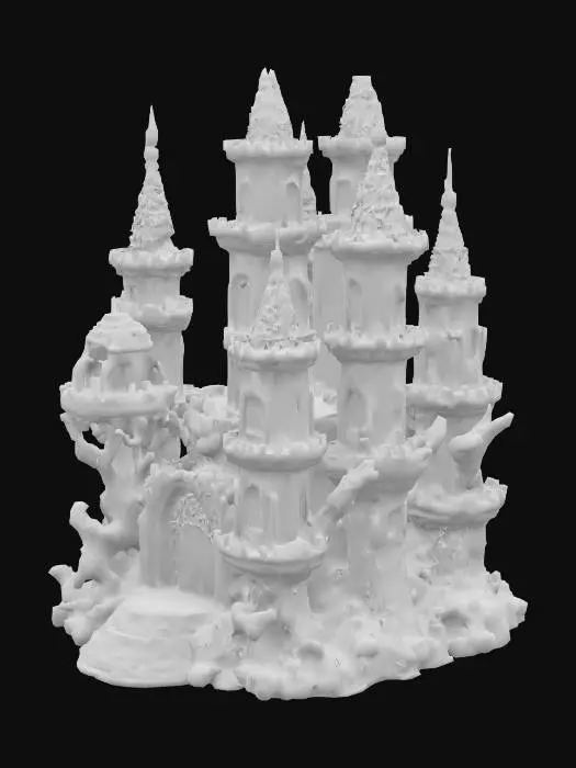 3D model for A magnificent, multi-branched coral castle glows with a beautiful bleached pink hue, resembling a living aquatic sculpture. It boasts five distinct coral towers: two rising three stories, two soaring five stories high, and a grander central spire. Each tower is dotted with numerous white, shell-framed windows, both large and small. A prominent, colorful main door, richly adorned with iridescent shells, serves as the castle's ornate entrance.
