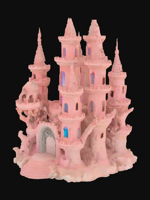 3D model for A magnificent, multi-branched coral castle glows with a beautiful bleached pink hue, resembling a living aquatic sculpture. It boasts five distinct coral towers: two rising three stories, two soaring five stories high, and a grander central spire. Each tower is dotted with numerous white, shell-framed windows, both large and small. A prominent, colorful main door, richly adorned with iridescent shells, serves as the castle's ornate entrance.