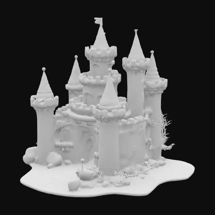 3D model for A magnificent, multi-branched coral castle glows with a beautiful bleached pink hue, resembling a living aquatic sculpture. It boasts five distinct coral towers: two rising three stories, two soaring five stories high, and a grander central spire. Each tower is dotted with numerous white, shell-framed windows, both large and small. A prominent, colorful main door, richly adorned with iridescent shells, serves as the castle's ornate entrance.