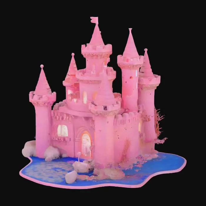 3D model for A magnificent, multi-branched coral castle glows with a beautiful bleached pink hue, resembling a living aquatic sculpture. It boasts five distinct coral towers: two rising three stories, two soaring five stories high, and a grander central spire. Each tower is dotted with numerous white, shell-framed windows, both large and small. A prominent, colorful main door, richly adorned with iridescent shells, serves as the castle's ornate entrance.