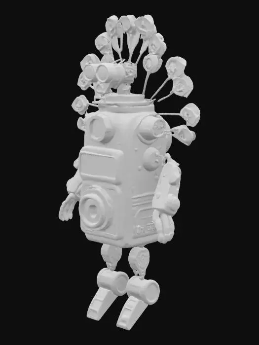 3D model for 3D render of CART-3R, a retro-futuristic shop robot with brass and copper art deco body. Features vintage cash register built into chest, peacock-like feathers fan of sensor arrays behind head with glowing feather tips, and telescoping arms with visible gears. Transparent panels showing internal mechanics. Vibrant green LED eyes. Floats in the air.