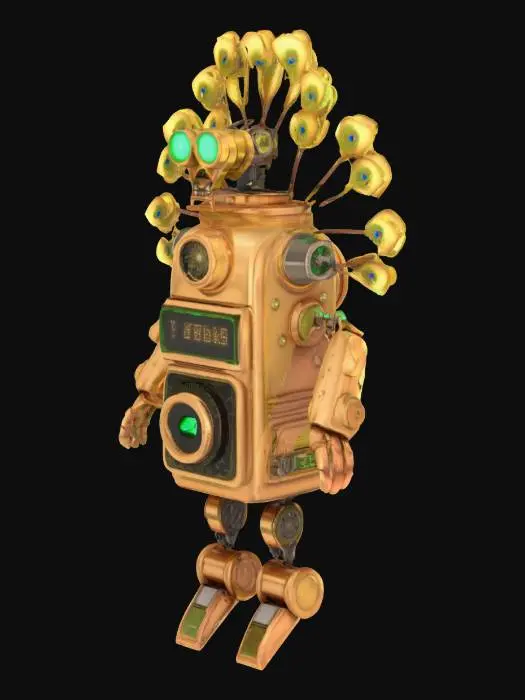 3D model for 3D render of CART-3R, a retro-futuristic shop robot with brass and copper art deco body. Features vintage cash register built into chest, peacock-like feathers fan of sensor arrays behind head with glowing feather tips, and telescoping arms with visible gears. Transparent panels showing internal mechanics. Vibrant green LED eyes. Floats in the air.