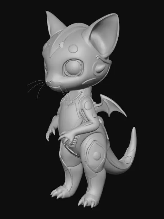 3D model for Create a cute futuristic AI companion mascot for a productivity assistant called AURa.

Character:
A small floating creature that looks like a mix between a baby dragon, a cat, and a digital spirit.

Design:
Large expressive glowing eyes
Small floating body
Soft rounded shapes
Tiny ears or horns
Small floating tail made of light energy

Style:
Stylized 3D character
Cute but intelligent
Similar quality to Pixar or modern game mascots
Clean simple geometry

Materials:
Soft glowing surface
Subtle neon light accents
Smooth plastic-like material with emissive light

Color palette:
Primary: deep purple
Secondary: electric blue
Accent: soft cyan glow

Personality:
Curious
Playful
Supportive
Smart

Pose:
Floating slightly above the ground
Head slightly tilted
Friendly expression

Technical:
Game-r