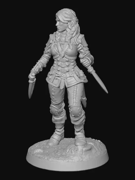 3D model for A woman with a leather armor wielding a silver dagger in each hand her hair is red with a ground token a mini figure