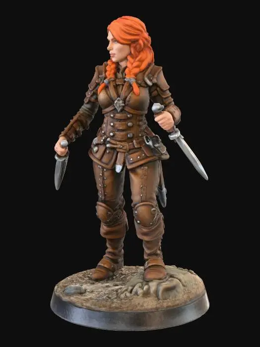 3D model for A woman with a leather armor wielding a silver dagger in each hand her hair is red with a ground token a mini figure