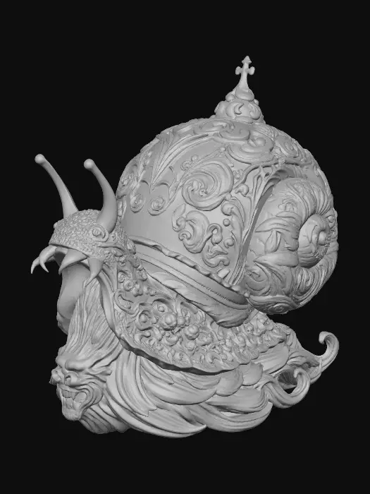 3D model for Create an intricate wooden carving of a snail in a gothic style but make it a bit different to the photos