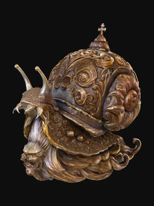 3D model for Create an intricate wooden carving of a snail in a gothic style but make it a bit different to the photos