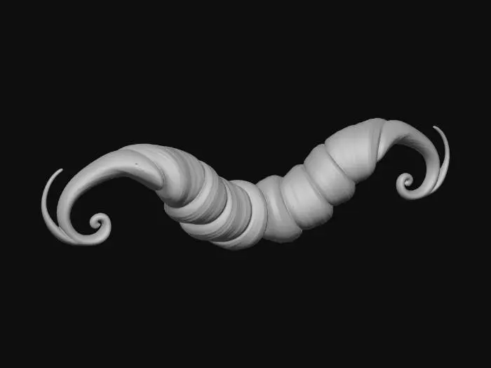 3D model for Stylized 3D handlebar mustache, thick and voluminous, centered above the upper lip, long outward curls with spiral tips, symmetrical, slightly tapered ends, clean mesh, smooth surface, subtle hair clumps, medium brown hair color, PBR, game-ready, high detail, no head, no face, mustache only, neutral pose, clean topology