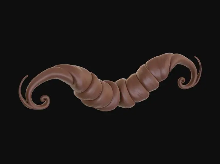3D model for Stylized 3D handlebar mustache, thick and voluminous, centered above the upper lip, long outward curls with spiral tips, symmetrical, slightly tapered ends, clean mesh, smooth surface, subtle hair clumps, medium brown hair color, PBR, game-ready, high detail, no head, no face, mustache only, neutral pose, clean topology