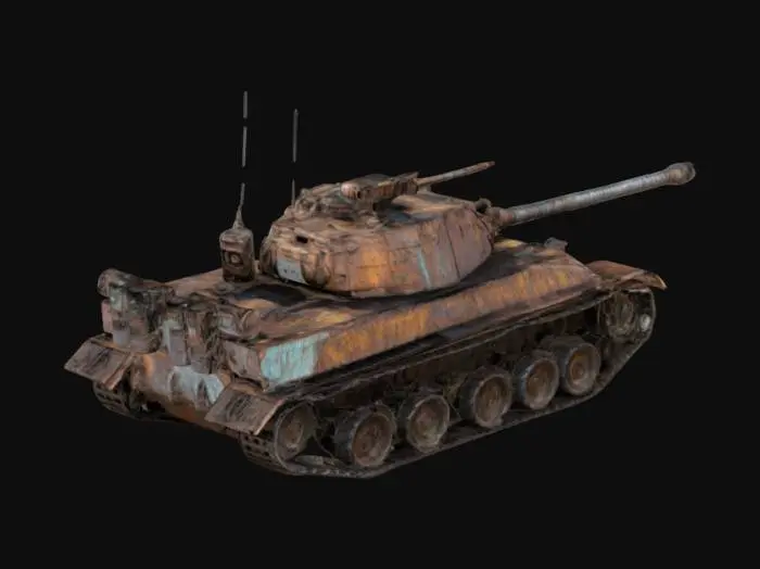 3D model for A battle tank built from scavenged parts, rusted metal plates, and salvaged weapons. Its armor is reinforced with welded steel sheets and barbed wire, rolling through a wasteland filled with ruined cities and roaming warbands.