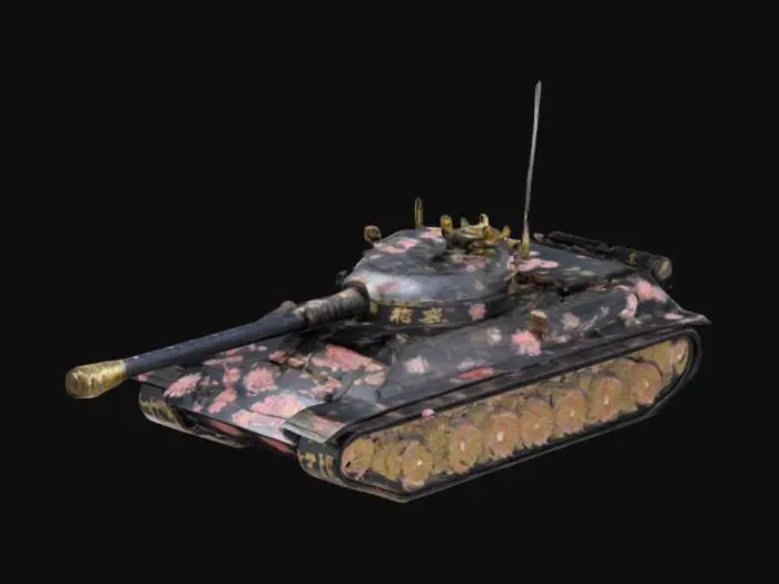 3D model for Samurai Shogun Tank – "A sleek and disciplined battle tank designed with the aesthetics of feudal Japan, featuring layered lamellar armor, an ornate chrysanthemum-emblazoned turret, and a katana-shaped barrel. Cherry blossoms swirl in the wind as it moves with calculated precision."