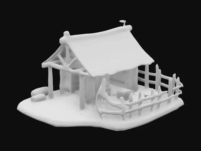 3D model for A low-poly hunter's hut for training archers. Made of wooden logs with a thatched roof, reinforced with ropes. A small archery range with wooden targets and hay bales stands nearby. Inside, simple bow racks, quivers, and training dummies. Surrounded by tall trees, giving it a hidden, tactical feel.