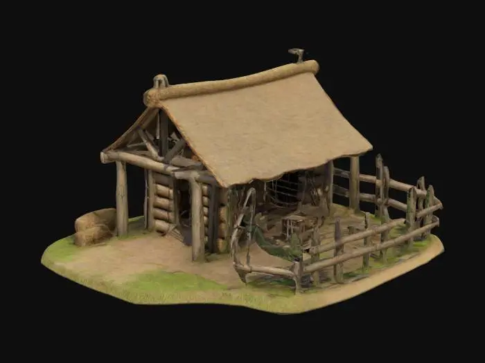 3D model for A low-poly hunter's hut for training archers. Made of wooden logs with a thatched roof, reinforced with ropes. A small archery range with wooden targets and hay bales stands nearby. Inside, simple bow racks, quivers, and training dummies. Surrounded by tall trees, giving it a hidden, tactical feel.