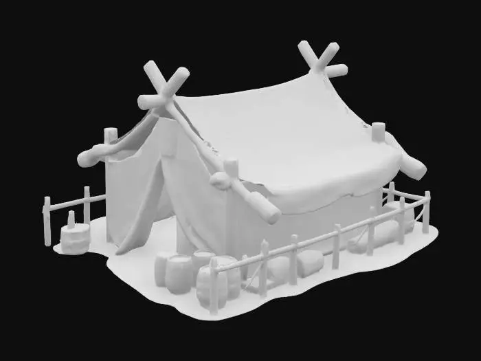 3D model for A primitive, tent-like structure with a stretched canvas or hide roof

Support beams made of bone or rough wood

A fenced area, possibly for drying meat or storing game

Simple props like crates and drying racks

A rugged, frontier survival look — suitable for hunters or early settlers