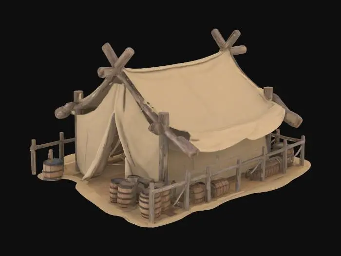3D model for A primitive, tent-like structure with a stretched canvas or hide roof

Support beams made of bone or rough wood

A fenced area, possibly for drying meat or storing game

Simple props like crates and drying racks

A rugged, frontier survival look — suitable for hunters or early settlers
