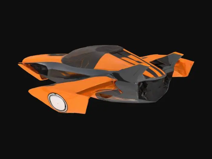 3D model for Futuristic Lamborghini-inspired flying car, sleek aerodynamic design with sharp angles, metallic orange and black body, transparent canopy cockpit, twin vertical stabilizers, circular jet engines on both sides, hovering above clouds, highly detailed sci-fi style suitable for cinematic 3D model.