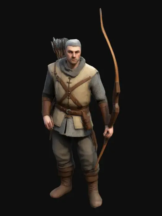 3D model for low poly medieval archer, simple bowman, no bow, empty hands