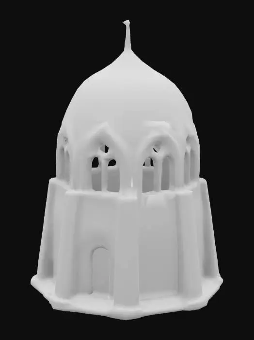 3D model for Divine monastery. Tower structure. Arc architecture. Walls are made of white bricks. Fantasy style. Low poly