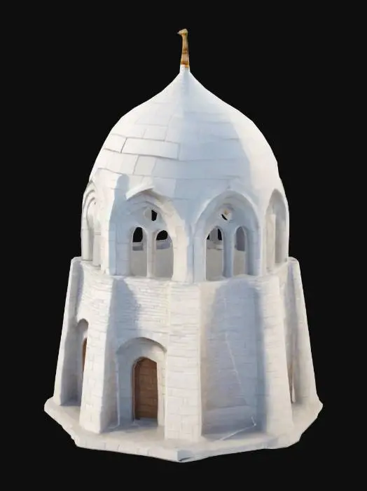 3D model for Divine monastery. Tower structure. Arc architecture. Walls are made of white bricks. Fantasy style. Low poly