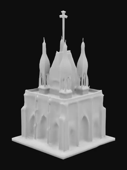 3D model for Divine monastery. Tower structure. Arc architecture. Walls are made of white bricks. Fantasy style. Low poly