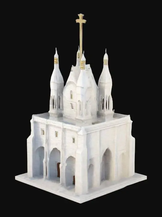 3D model for Divine monastery. Tower structure. Arc architecture. Walls are made of white bricks. Fantasy style. Low poly