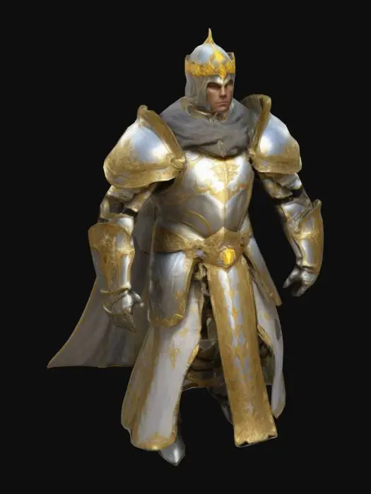 3D model for Holy paladin warrior. We is wearing golden tiara. His armor is in silver color with golden decoration. Armor have oversized large shoulderplates. World of warcraft.