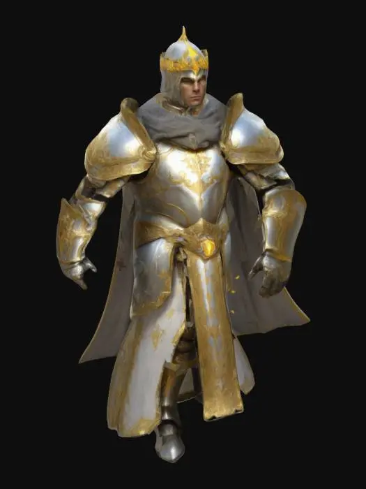 3D model for Holy paladin warrior. We is wearing golden tiara. His armor is in silver color with golden decoration. Armor have oversized large shoulderplates. World of warcraft.