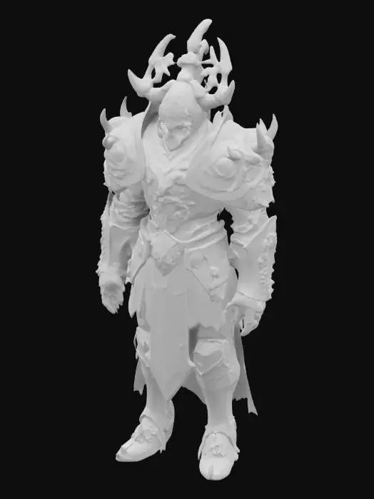 3D model for #game figure#, Death knight. We is wearing bone tiara. His armor is in grey color with silver decoration. Armor have oversized large shoulderplates. World of warcraft.