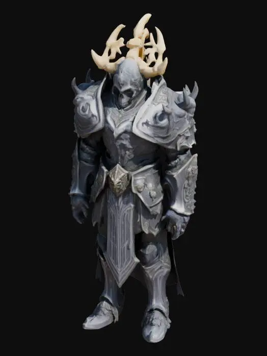 3D model for #game figure#, Death knight. We is wearing bone tiara. His armor is in grey color with silver decoration. Armor have oversized large shoulderplates. World of warcraft.