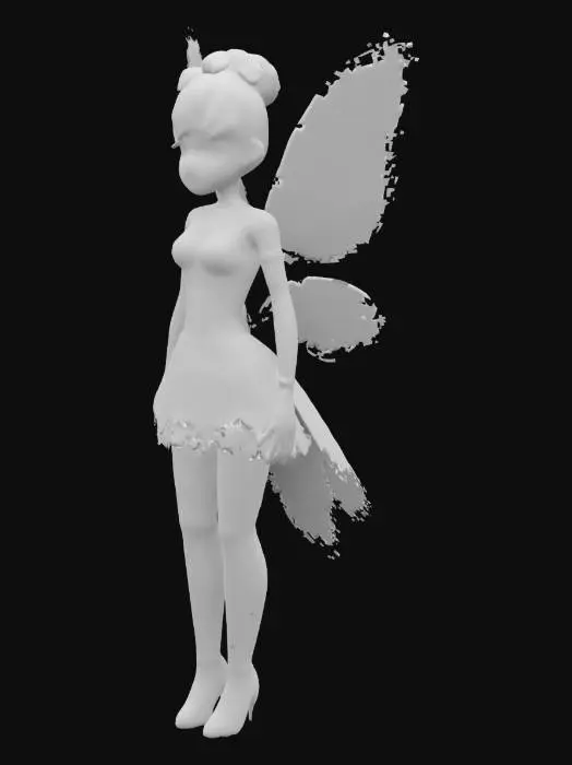 3D model for Small fairy tinker bell. Cartoon style. She has light pink wings. She wears little crown made of flowers. She is wearing princess dress in color of lila. She has tatto on the back. Tatto is symbols of starts. She is wearing silver amulet. , #fairy#