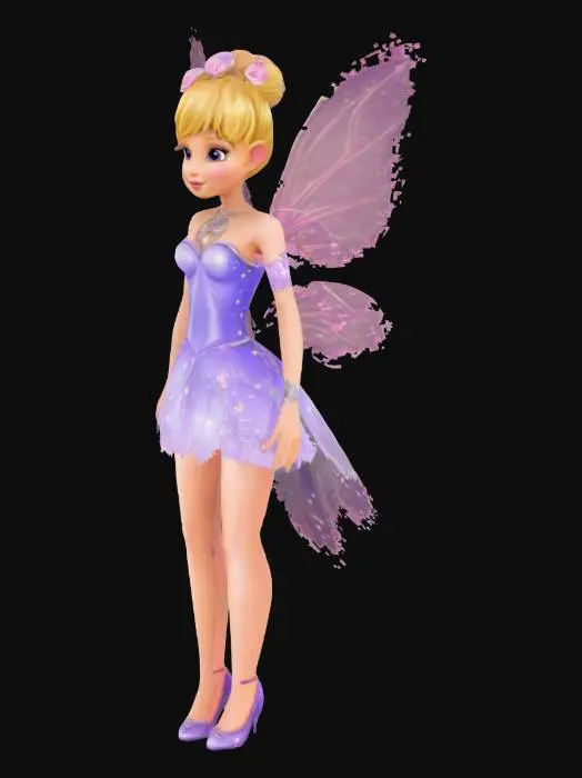3D model for Small fairy tinker bell. Cartoon style. She has light pink wings. She wears little crown made of flowers. She is wearing princess dress in color of lila. She has tatto on the back. Tatto is symbols of starts. She is wearing silver amulet. , #fairy#
