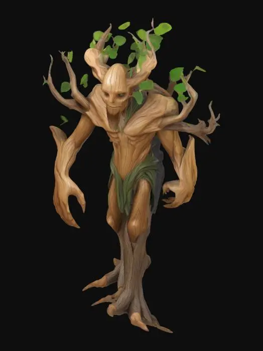 3D model for A magical ENT character, Large, wooden figure, long branches as arms, semi-healthy leaves on top, walking tree, detailed game character in Massive size