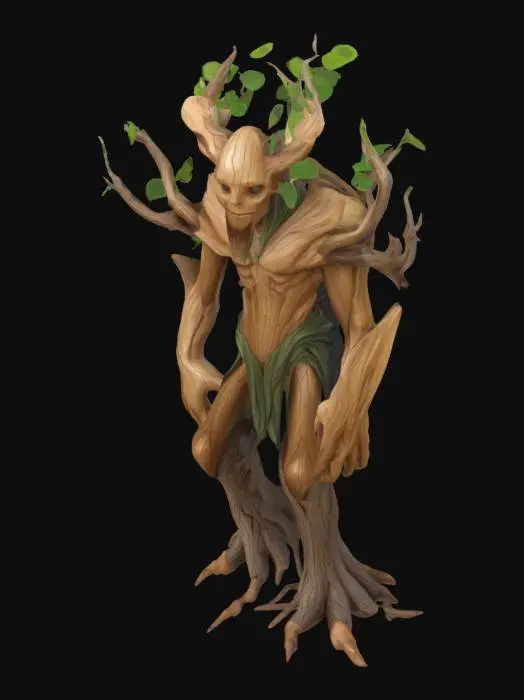3D model for A magical ENT character, Large, wooden figure, long branches as arms, semi-healthy leaves on top, walking tree, detailed game character in Massive size
