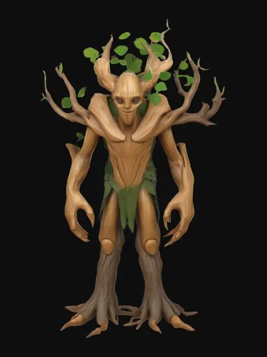 3D model for A magical ENT character, Large, wooden figure, long branches as arms, semi-healthy leaves on top, walking tree, detailed game character in Massive size
