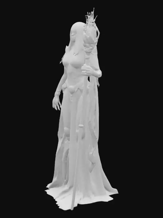 3D model for Undead sorceress with skeletal armor, long flowing hair, glowing amulet, dark elegant robes, purple flame staff, sunken eyes with haunting under-eye shadow, radiating necromantic power and cold authority.