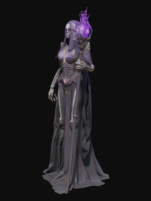 3D model for Undead sorceress with skeletal armor, long flowing hair, glowing amulet, dark elegant robes, purple flame staff, sunken eyes with haunting under-eye shadow, radiating necromantic power and cold authority.